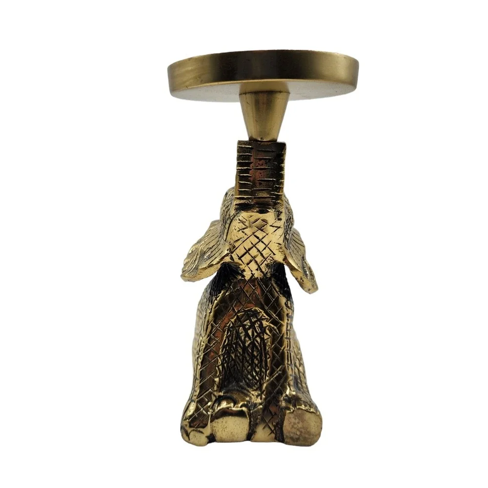 Brass Gold Tone Sitting Elephant Trunk Up Pillar Candle Holder Lucky Safari 9